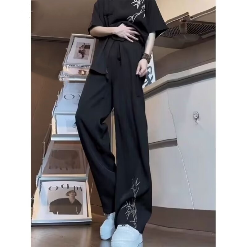 New Chinese Style Bamboo Embroidered Pants Men's Summer Fashionable Ice Silk Pants Loose Wide Leg Straight Men's Pants