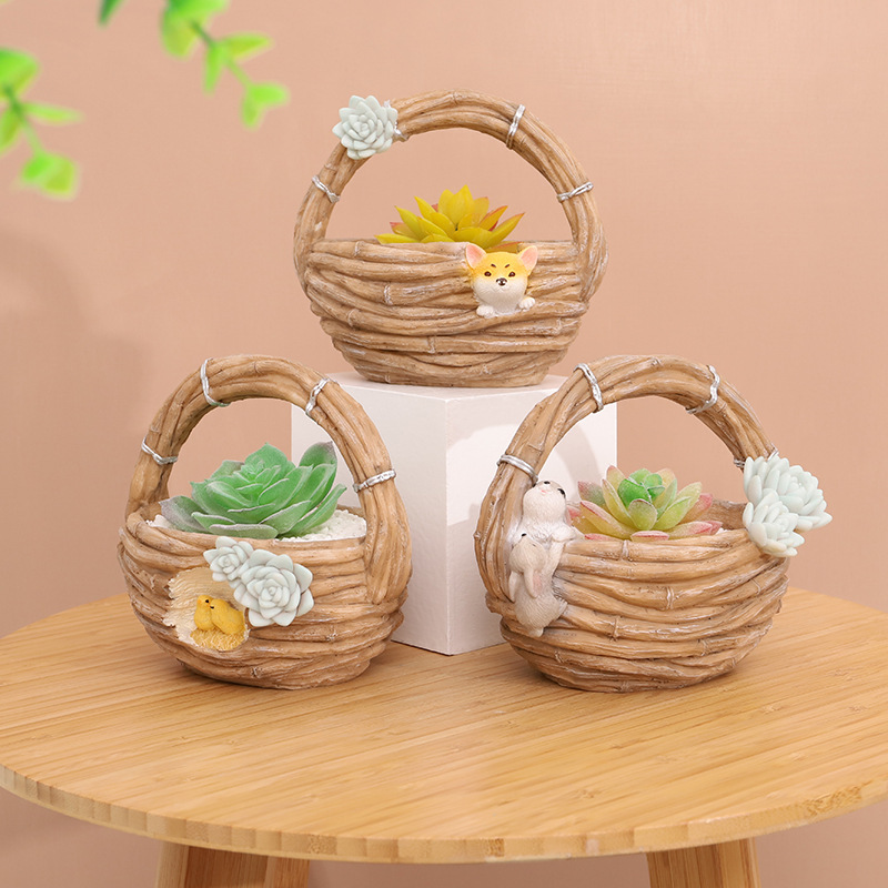 Chậu Cây Resin Chậu cây mọng nước hình giỏ tre resin, chậu mini động vật, trang trí tiểu cảnh và cây xanh (RG-259)