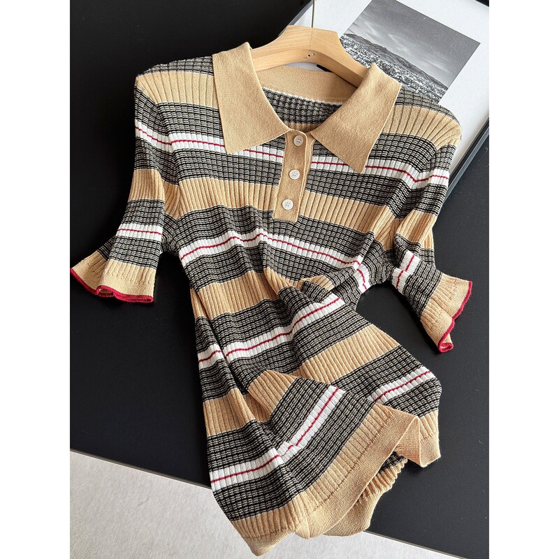 2026 Short-Sleeve Pullover Knitted Striped Shirt, Summer Thin Sweater T-Shirt, Small Shirt Base Layer Wholesale H21Is2467