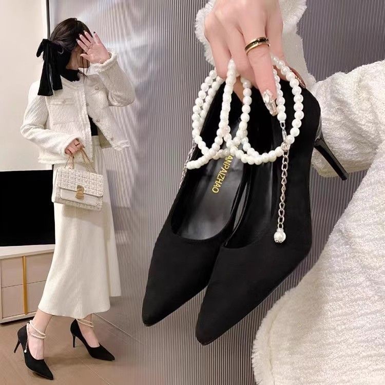 Pointed Toe Pumps 2024 New Model Pearl Suede High-End Fairy Black Thin Heel Non-Slip Strap High Heels For Women_voghion.com
