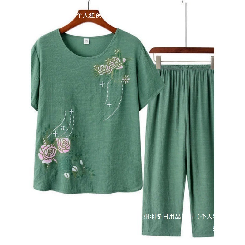 Женская футболка среднего и пожилого возраста, летняя имитация хлопка и льна, костюм-двойка для матери, футболка для свекрови 60 и 70 лет, бабушка, брюки