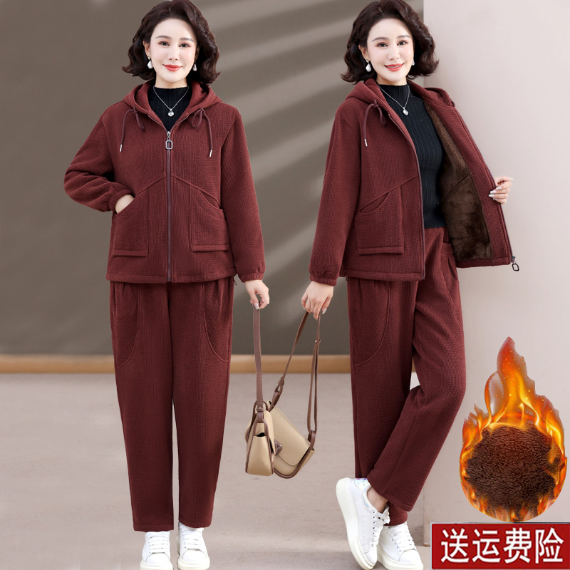 Middle-aged and old mother autumn and winter corduroy sportswear casual plus velvet suit female middle-aged western style sweater two-piece set