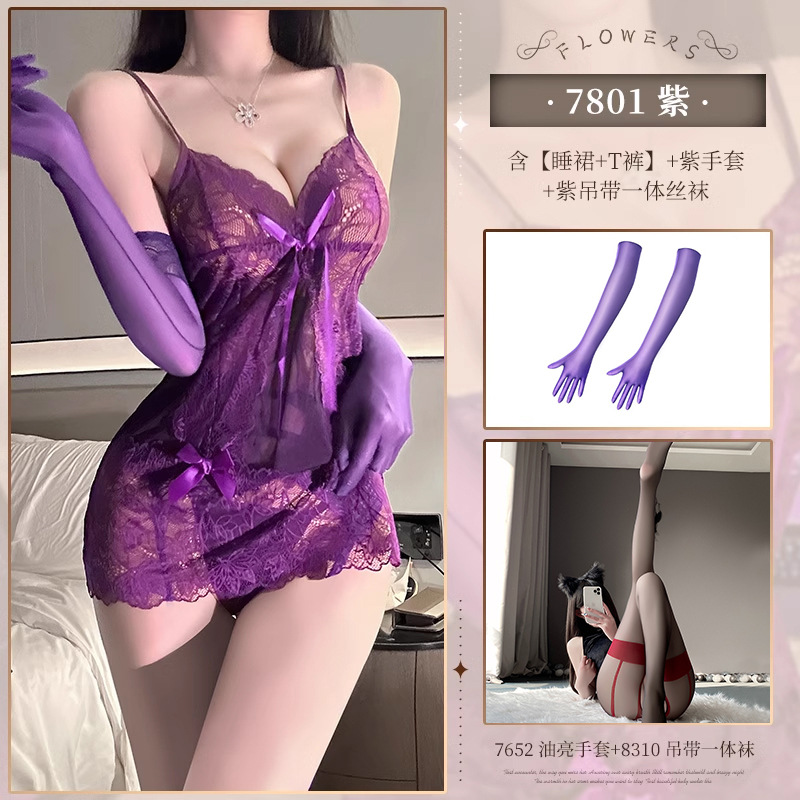 보라색 + 장갑 + 빨간색 가장자리 가터 스타킹