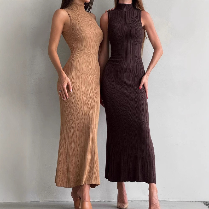 Knitted Turtleneck Sleeveless Tight Skirt 2024 Spring and Summer New Mid-Length Skirt Elegant French European and American Dress