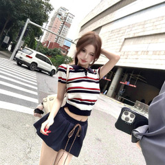 韓国カレッジスタイルレトロコントラストストライプ半袖Tシャツレディース夏小柄右肩ラペルセータートップ