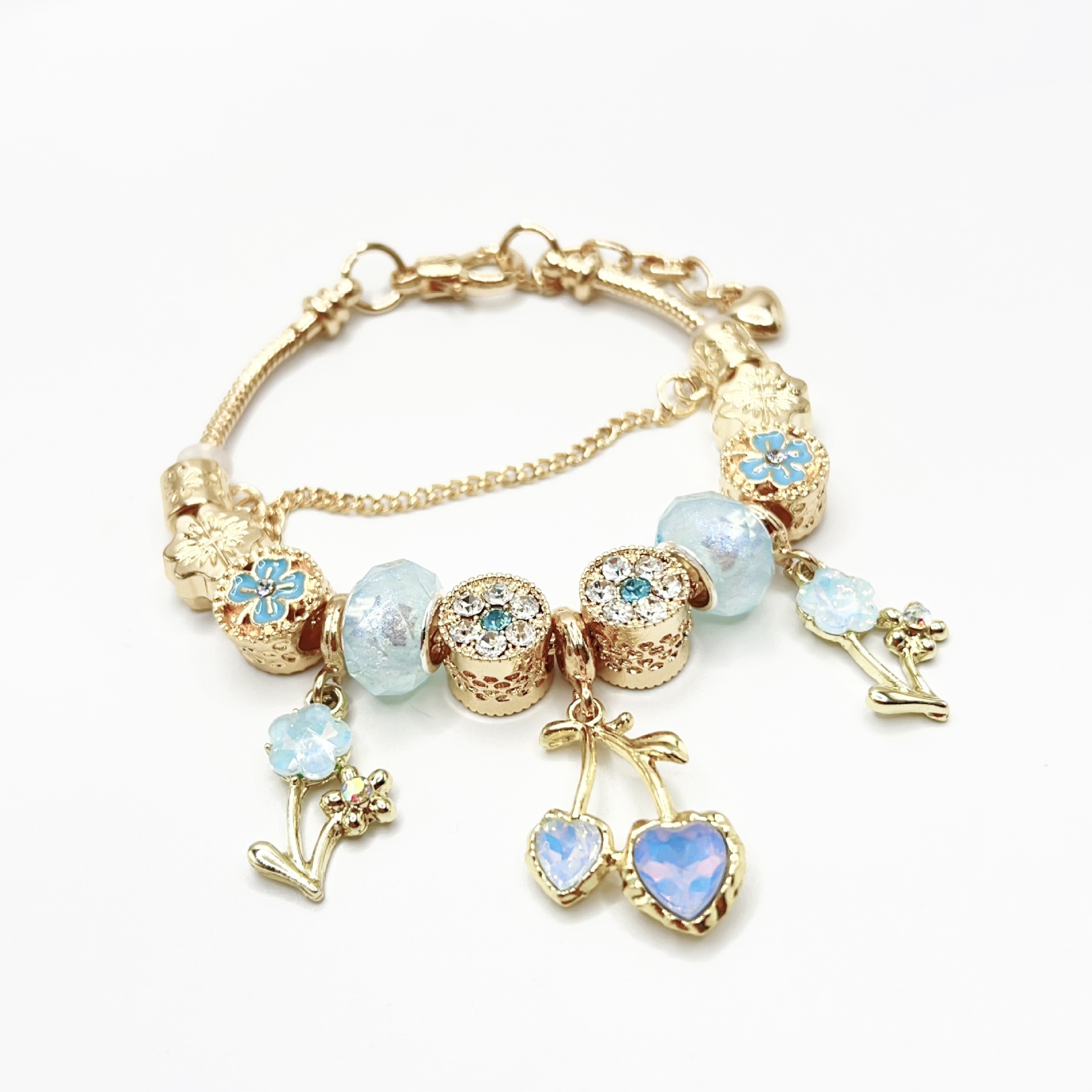 Cherry Blossom Bracelet Gold Blue Adjustable Floral Bangle_voghion.com