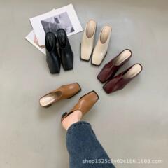 粗跟韩版包头半拖鞋子外穿春秋时尚一脚蹬穆勒单鞋新款高级感女鞋