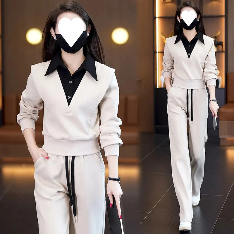 Casual Sports Suit for Women 2026 Spring and Autumn Stylish Fashion Patchwork Shirt Collar Age-Reducing Slimming Sweatshirt Two-Piece Set