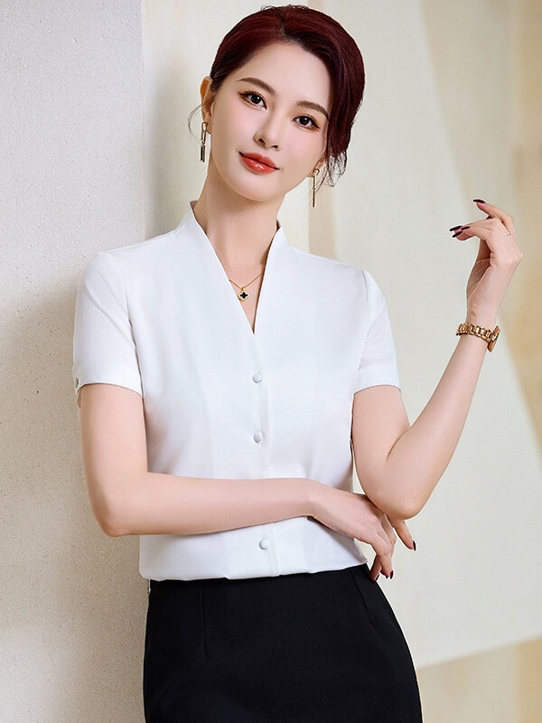 Professional Shirt Women's Short-Sleeved Summer Thin Workwear Elegant V Neck White Satin Chiffon Top Shirt