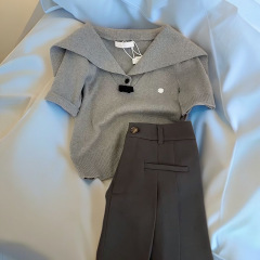 夏の新型減齢学院風スーツ女性海軍襟半袖上着字デザイン感スカート2点セット