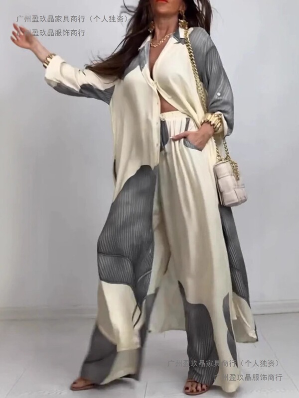 In-Stock 2026 European and American Popular Printed Women's Cardigan, Printed Top and Pants, Casual Workwear Set