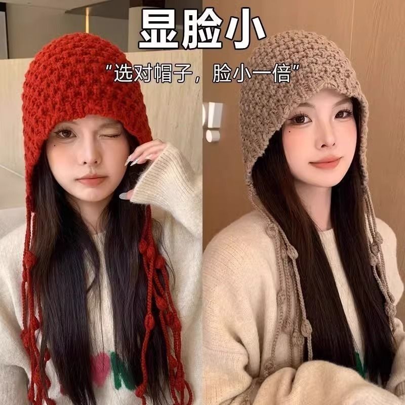 秋冬保暖毛线帽手工编织镂空包头帽女民族风流苏护耳套头针织帽子|undefined