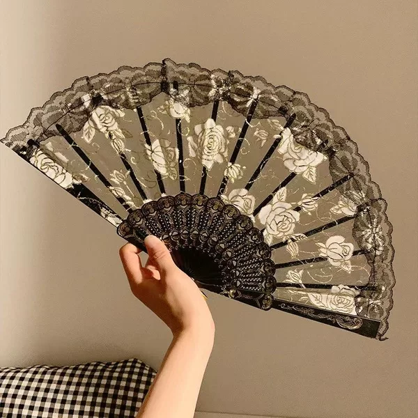 New Chinese Lace Rose Fan Female Dance Folding Fan Photograph Hanfu Cheongsam Portrait Antique Pose Online Celebrity Props