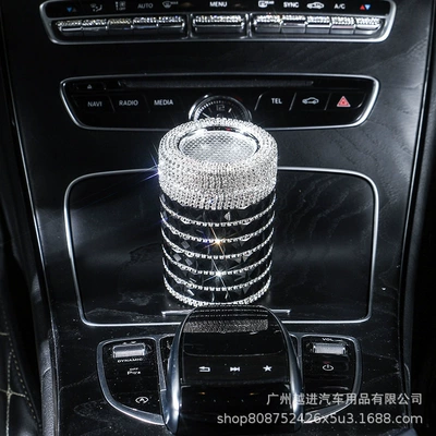 Cross-Border Car-Mounted Diamond-Encrusted Car Ashtray with Led Light, Car Ashtray Storage Box, Air Vent Hanging Style with Lid (Car ashtray) - black-diamond