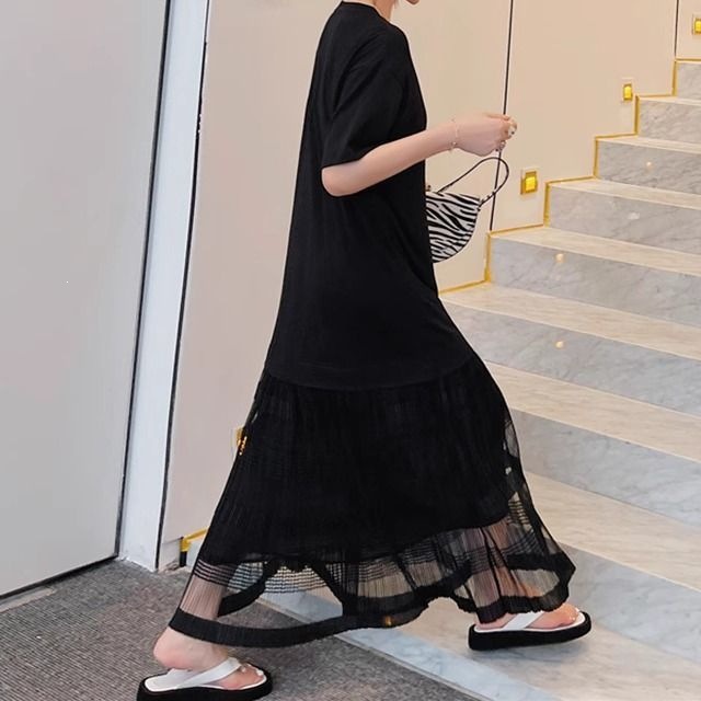 胖夏季大码女装连衣裙拼接大摆裙短袖恤裙宽松显瘦及踝长裙子兔毛