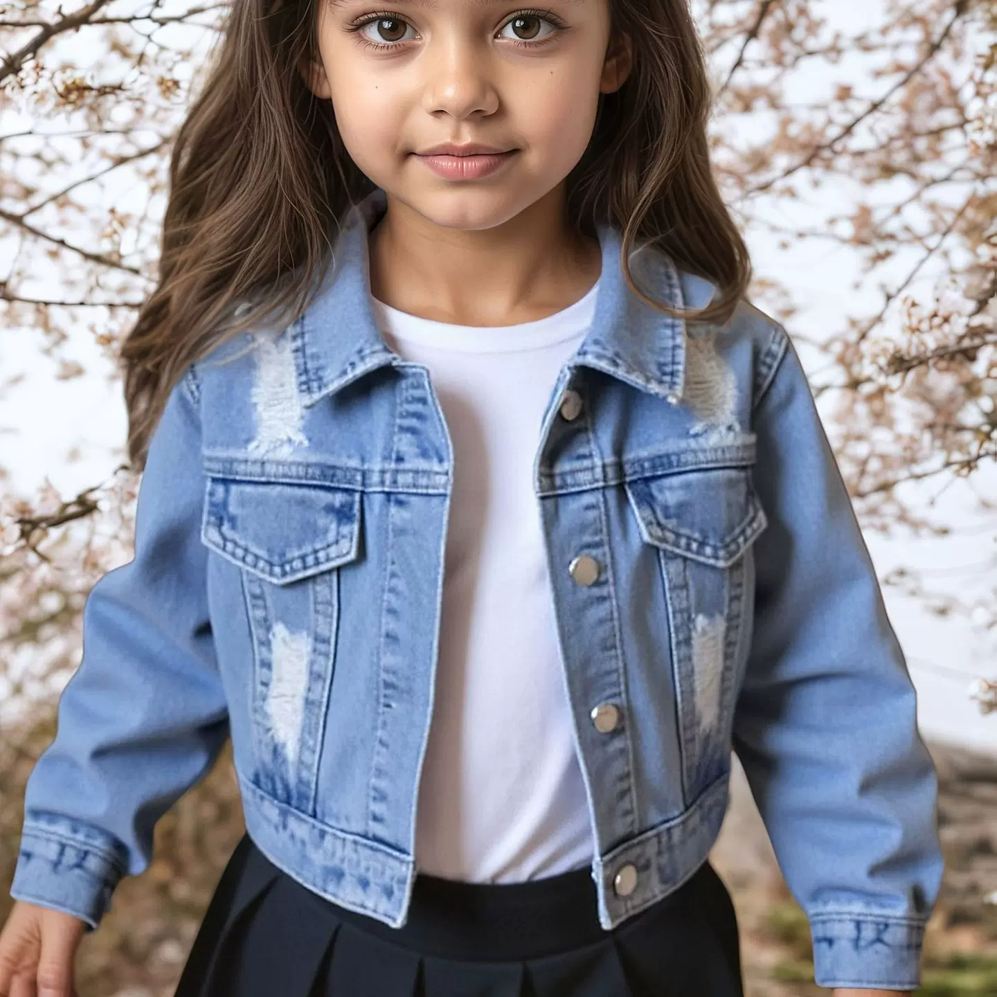 TEMUSHEIN同款爆款跨境女小童春秋破洞短款长袖牛仔夹克外贸童装