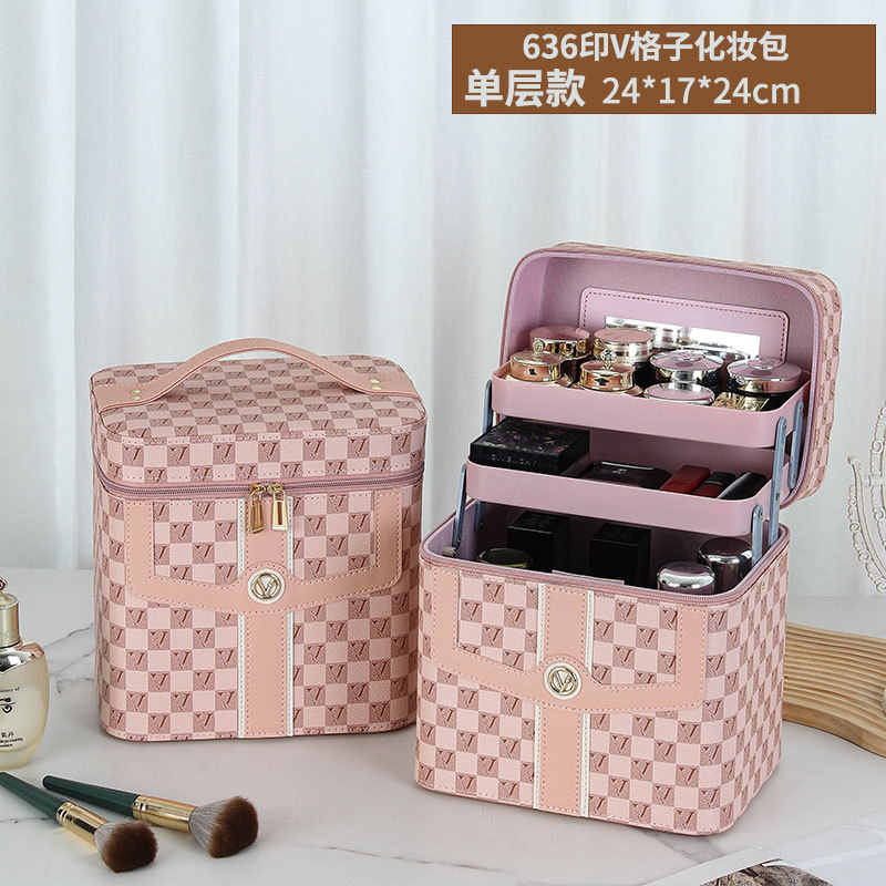 Caja de cosméticos a cuadros en forma de V transfronteriza, bolsa de almacenamiento para el cuidado de la piel portátil, caja de herramientas grande multifuncional portátil de alta gama para mujer