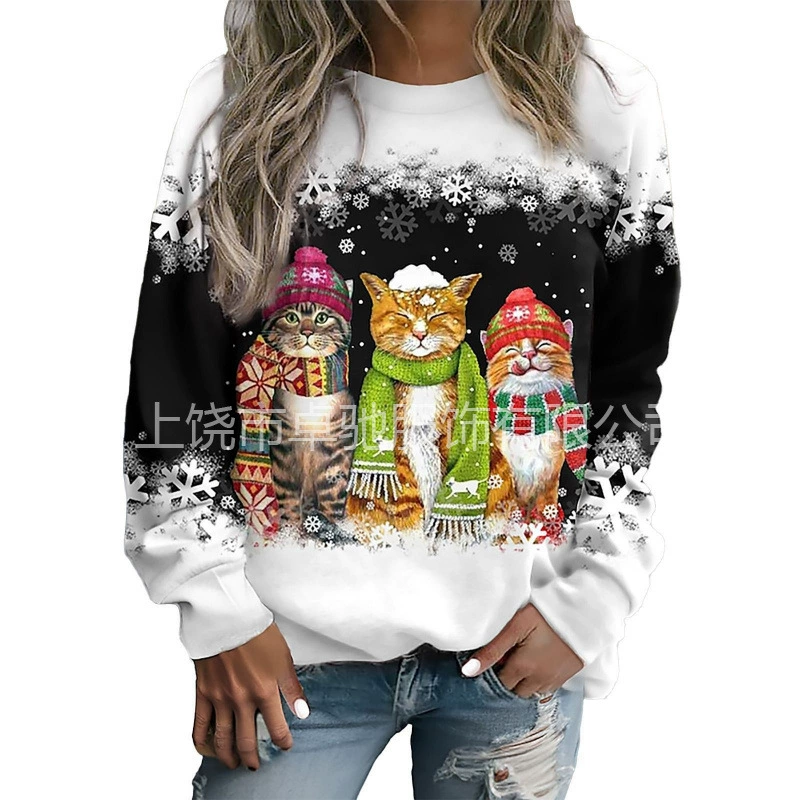 2024 рождественский снеговик с принтом европейские и американские женские T-soft мягкий женский с длинным рукавом с круглым вырезом через границу