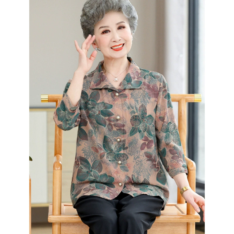 Среднего и пожилого возраста Летнее платье бабушки с принтом рубашки с рукавами