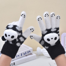 手套女士冬季露指触屏加厚保暖男女学生写字防寒毛绒熊猫可爱防冻
