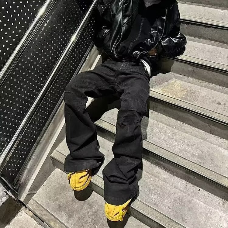 Cross-Border Wholesale American High Street Dark Style Wax-Coated Men's and Women's Slim Micro-Flared Stacked Floor-Length Jeans