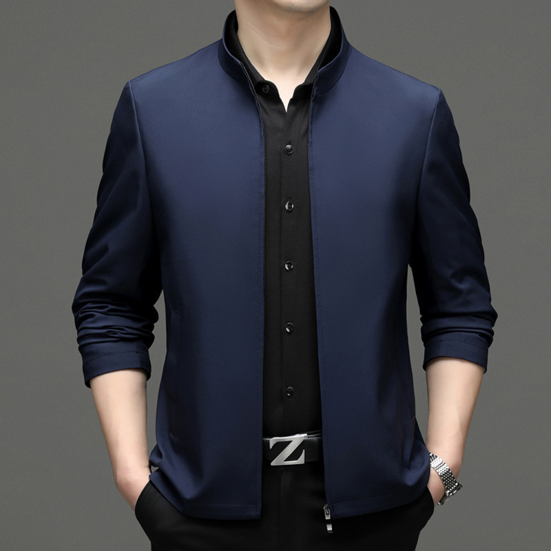 Brand Versatile Mulberry Silk Stand Collar Jacket for Men, Spring and Autumn, Middle-Aged Dad Style, Business Casual, Thin Zip-Up Coat