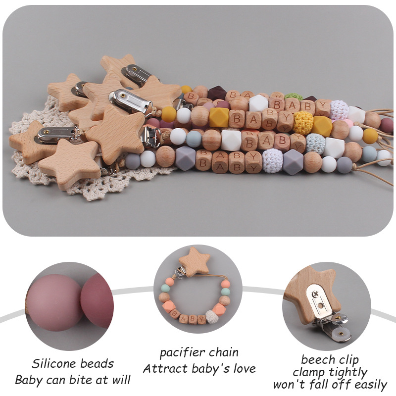 Nuevo bebé suministros de dibujos animados estrella Haya chupete clip calmante bebé mordedura molar chupete cadena anti-gota cadena