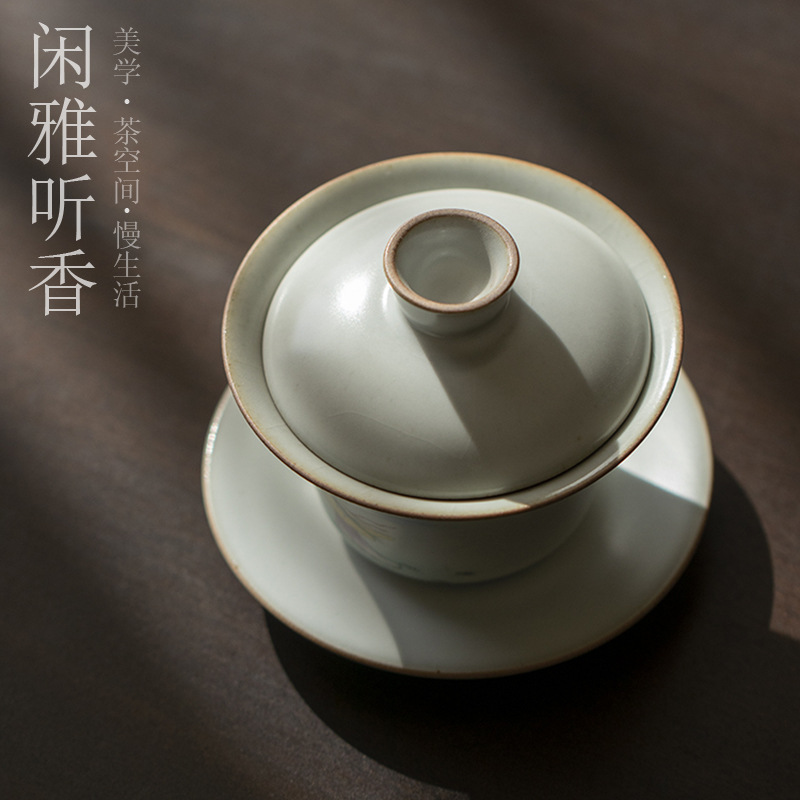 Tazón de fuente de la cubierta del horno de estilo japonés Ru Zen Juego de té de Kung Fu de cerámica de estilo chino Tazón de té solo hogar de tres talentos Ru