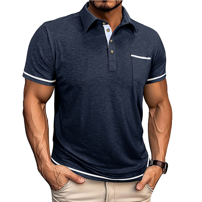 European and American men's turn-down collar short-sleeve casual button-up youth polo shirt with bamboo knot color-blocking design European and American men's turn-down collar short-sleeve casual button-up youth polo shirt with bamboo knot color-blocking design