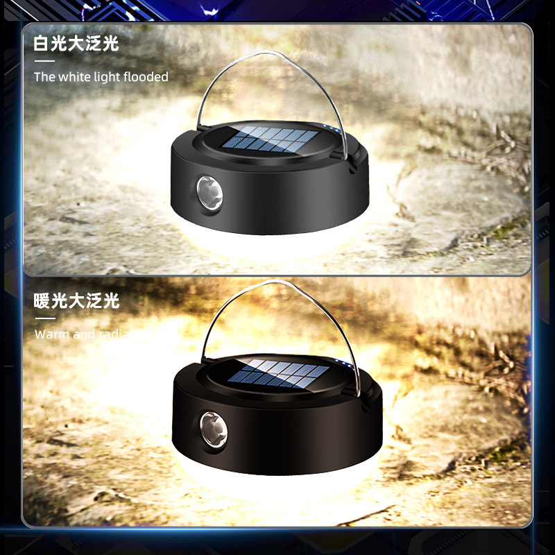 Luz de campamento solar transfronteriza gancho exterior portátil luz de campamento redonda gran área luz de inundación atmósfera luz de campamento