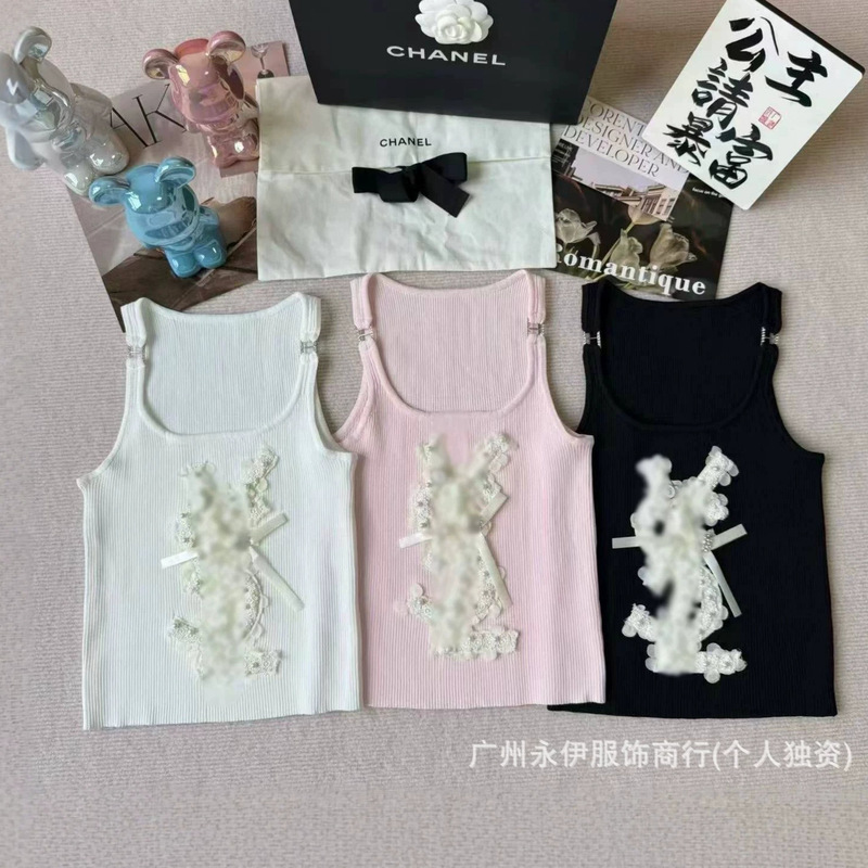 Summer Women's Clothing Sy New Style Knitted Beaded Bow Decoration Letter Three-Dimensional Floral Craft Slim-Fit Knitted Vest