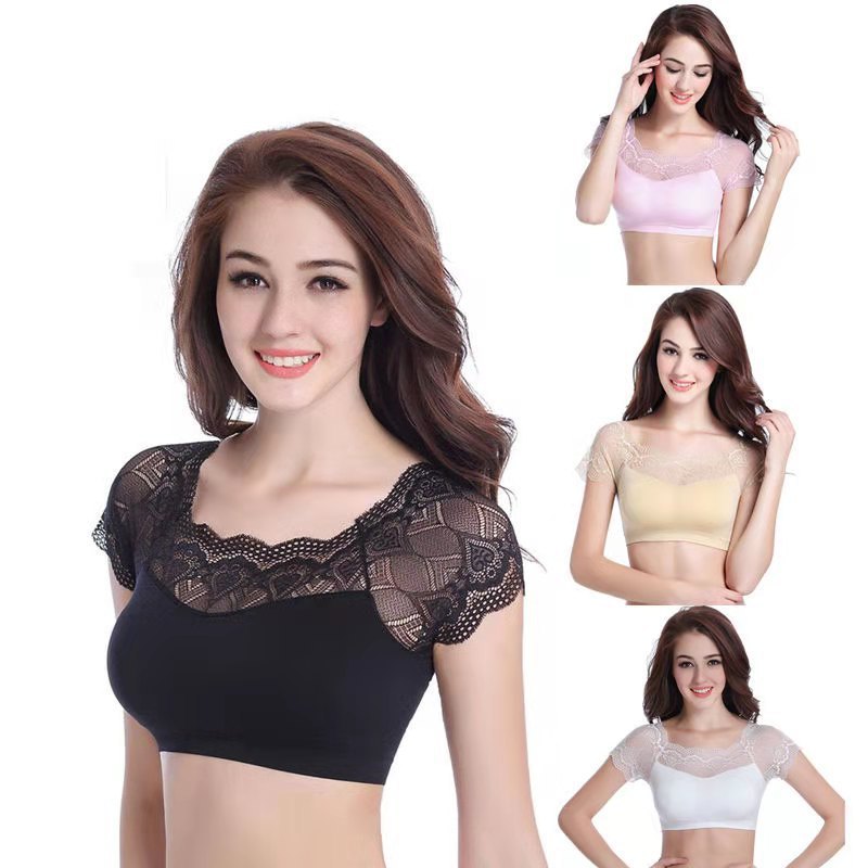Short-Sleeved Anti-Exposure Push-Up Tube Top Bottoming Shirt Intimates for Women with Breast Pads Lace Vest Bra for Women