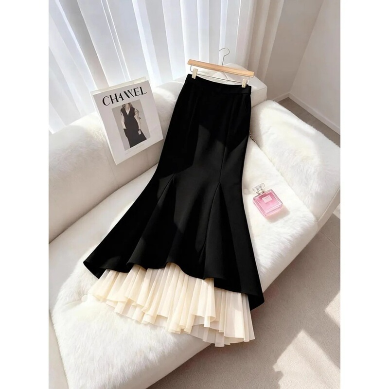 French-Style Elegant Fake Two-Piece Patchwork Skirt, Stunning Long Skirt for Spring and Summer, High-End Irregular Wave-Like Fishtail Skirt