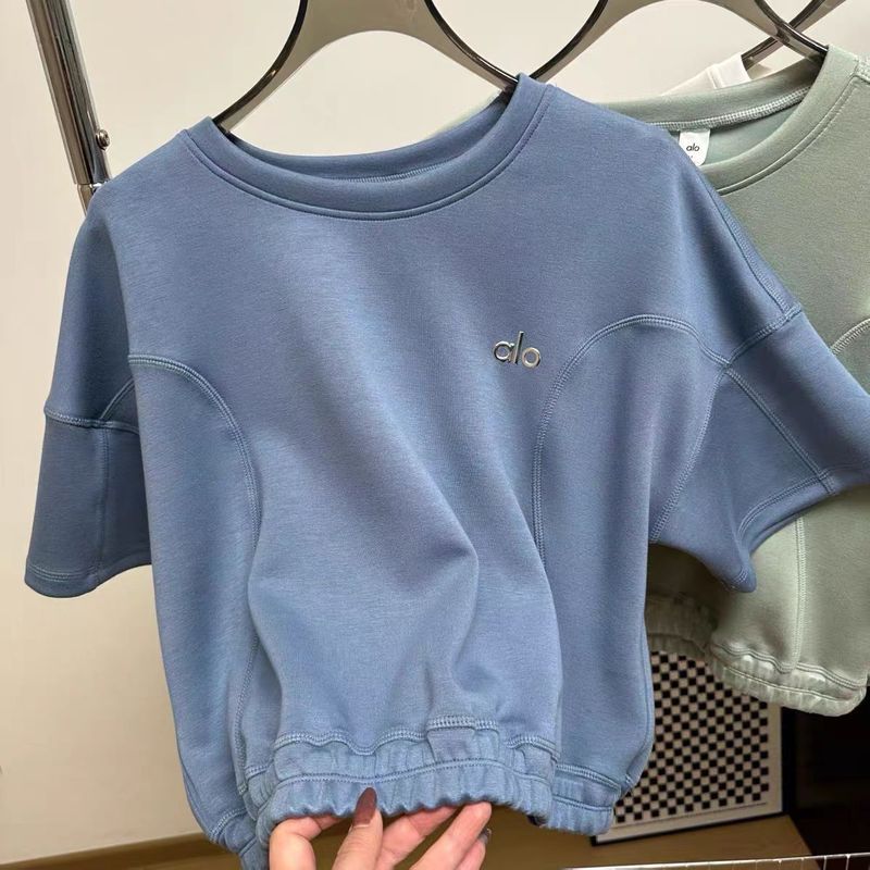 aloクラス 春夏 エアレイヤー ヨガ ショートTシャツ 伸縮性裾 おへそ出し ウエスト半袖トップス|undefined