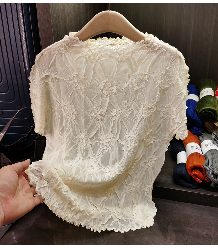Áo thun nữ tay ngắn cổ tròn chất liệu cotton dập nổi hoa văn nổi cao cấp — Màu đen, Màu đào, Màu trắng, Màu xám chi tiết 9