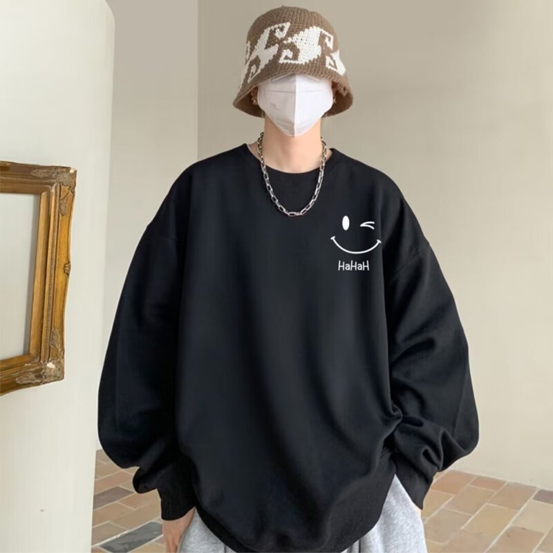 Sweatshirt Men's Spring & Fall Round Neck Smiley Face Print Long-Sleeved T-Shirt Men's Korean Style Trbottomyy Youth Bottoming Shirt Pullover