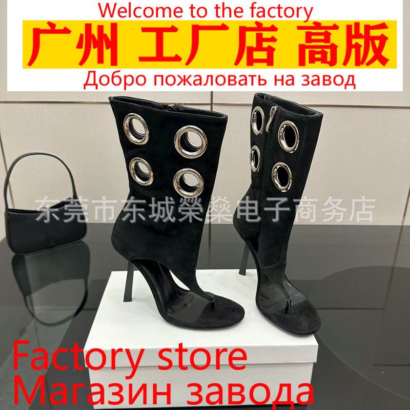 2025 Autumn and Winter New Style Metal Buckle Thong Stiletto Mid-Calf Fashion Versatile Foreign Trade Large Size Women's Boots and Sandals