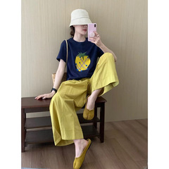 2025夏季新款韩系穿搭慵懒风短袖T恤上衣搭配阔腿裙裤两件套女潮