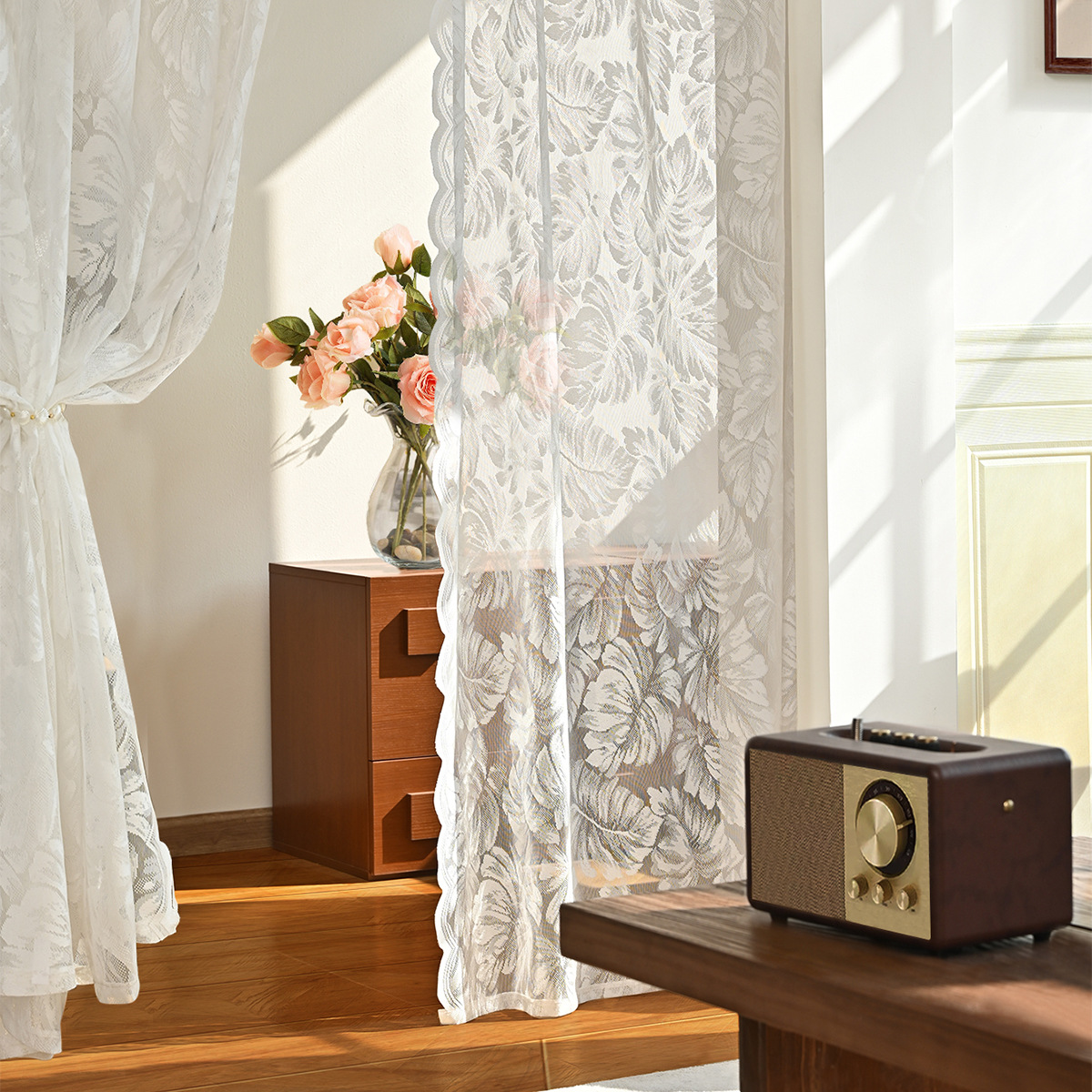 Cortina de puerta de hoja de tortuga transfronteriza de Amazon, encaje de urdimbre, cortina de pantalla de ventana de color sólido blanco, emitida por SHEIN