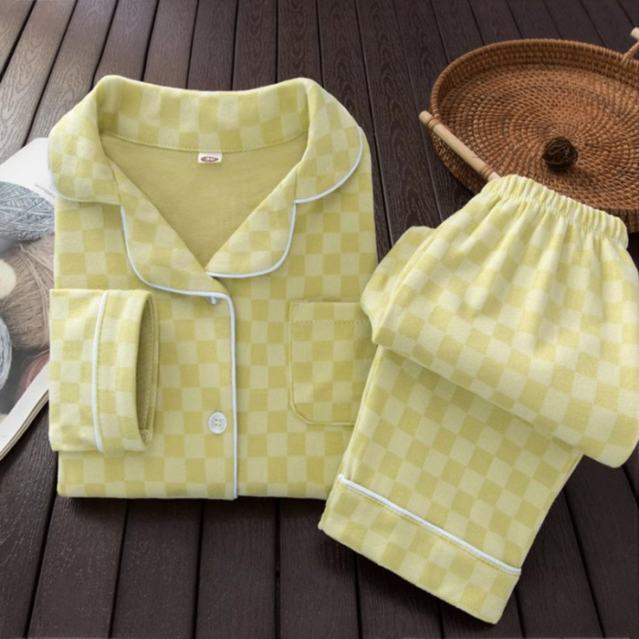 Pijamas de ternilla caliente para niños niñas primavera y otoño invierno set de ropa de casa para niños cuello casual de cuadrícula ropa de casa
