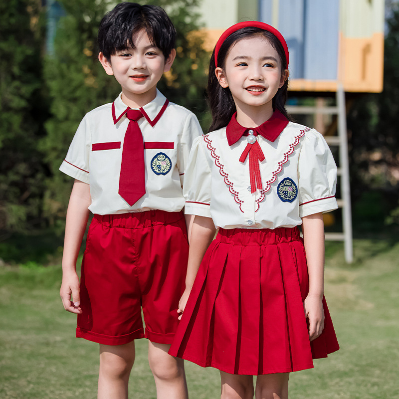 Summer uniform for kindergarten children, British style children's class clothes, summer college style red school uniform set for primary school students