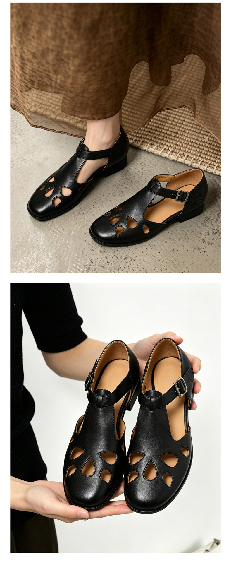 Sandal nữ da bò đục lỗ quai chữ T cổ điển, mũi kín gót bệt — màu nâu chi tiết 2