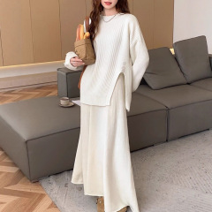 韓国系カジュアル風ニットスーツ女性秋冬デザイン感開フォーク上着高腰モップパンツ2点セット潮196