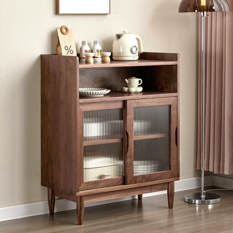 Sideboard with North American Black Walnut Sliding Doors, Nordic Minimalist Living Room Glass Storage Cabinet, Custom Solid Wood Tea Cabinet