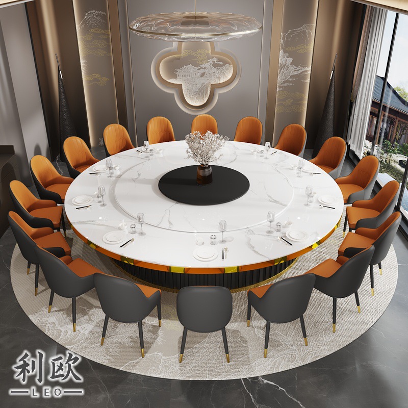 Hotel Dining Table Large Round Table Electric Turntable with Slate High-End Restaurant Commercial Hot Pot Table with Induction Cooker Villa