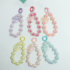 Korean version electroplated iridescent phone case chain DIY cut surface round bead chain pendant bow creative hand strap anti-slip