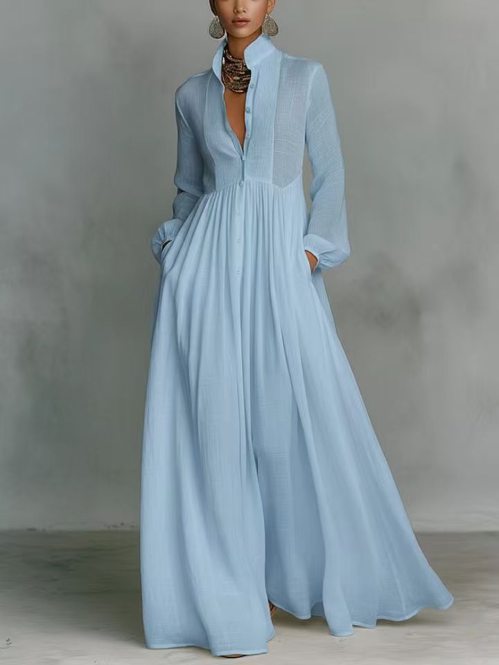 Women's Long Sleeved Pleated Dress Waist Cinching Slimming French Elegant Retro Casual Vacation_ecoleips.com