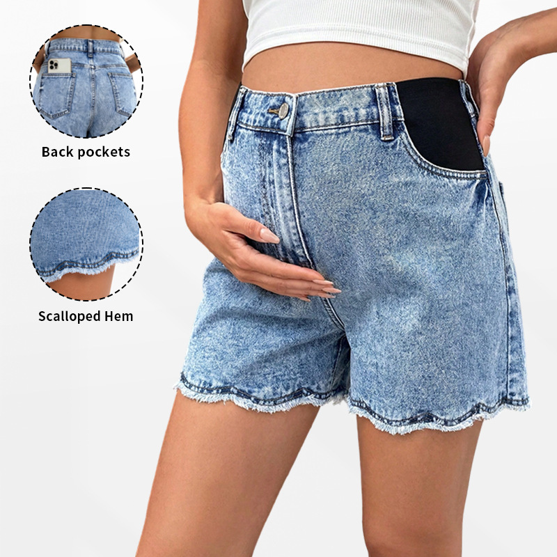 European and American Cross-Border Maternity Denim Shorts with Side Stretch, Wavy Fringe, Summer Maternity Denim Shorts