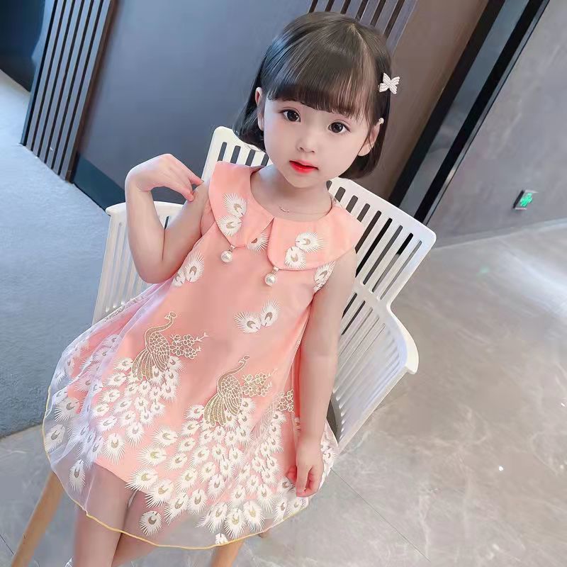 女の子ドレスサマードレス 2025 新しい子供の孔雀インターネットセレブスタイルプリンセスドレス少女ベビーガールドレス|undefined