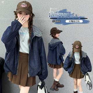 女童秋装格子连帽牛仔外套2025春秋新款小女孩时尚休闲韩版夹克潮